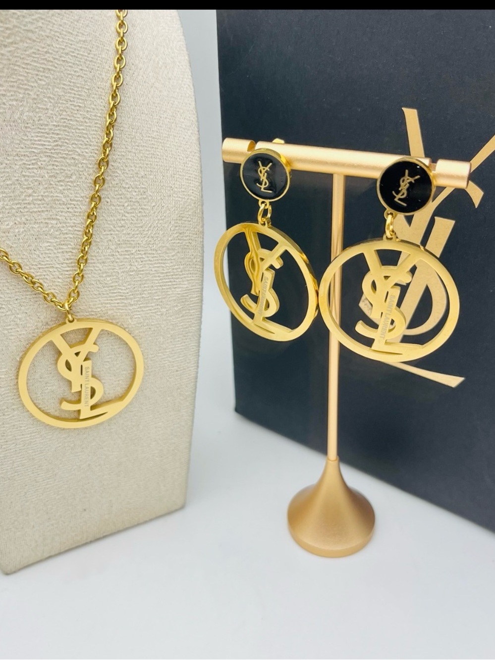 Gold plated Logo Pendant Necklace and Drop Earrings Set - Gold new without a box